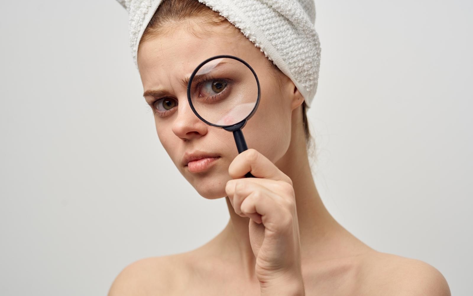 Mujer inspeccionando su piel, blog post con tips de belleza y cuidado de la piel, barrera hidrolipidica